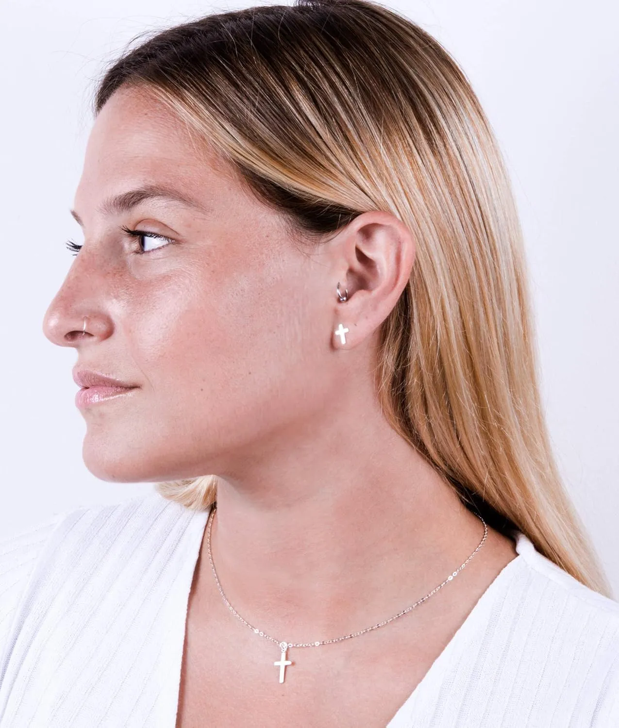 Sterling Silver Cross Choker, Cross Necklace for Women, Cross Pendant Necklaces, Length 13.5-16.5 Inches, Christian Jewelry, Faith Gift, Small Cross (Silver Choker 13.5" 3" extender)