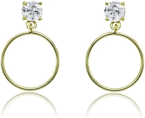Sterling Silver Cubic Zirconia Dangling Round Hoop Stud Earrings, 4mm, 5mm, 6mm