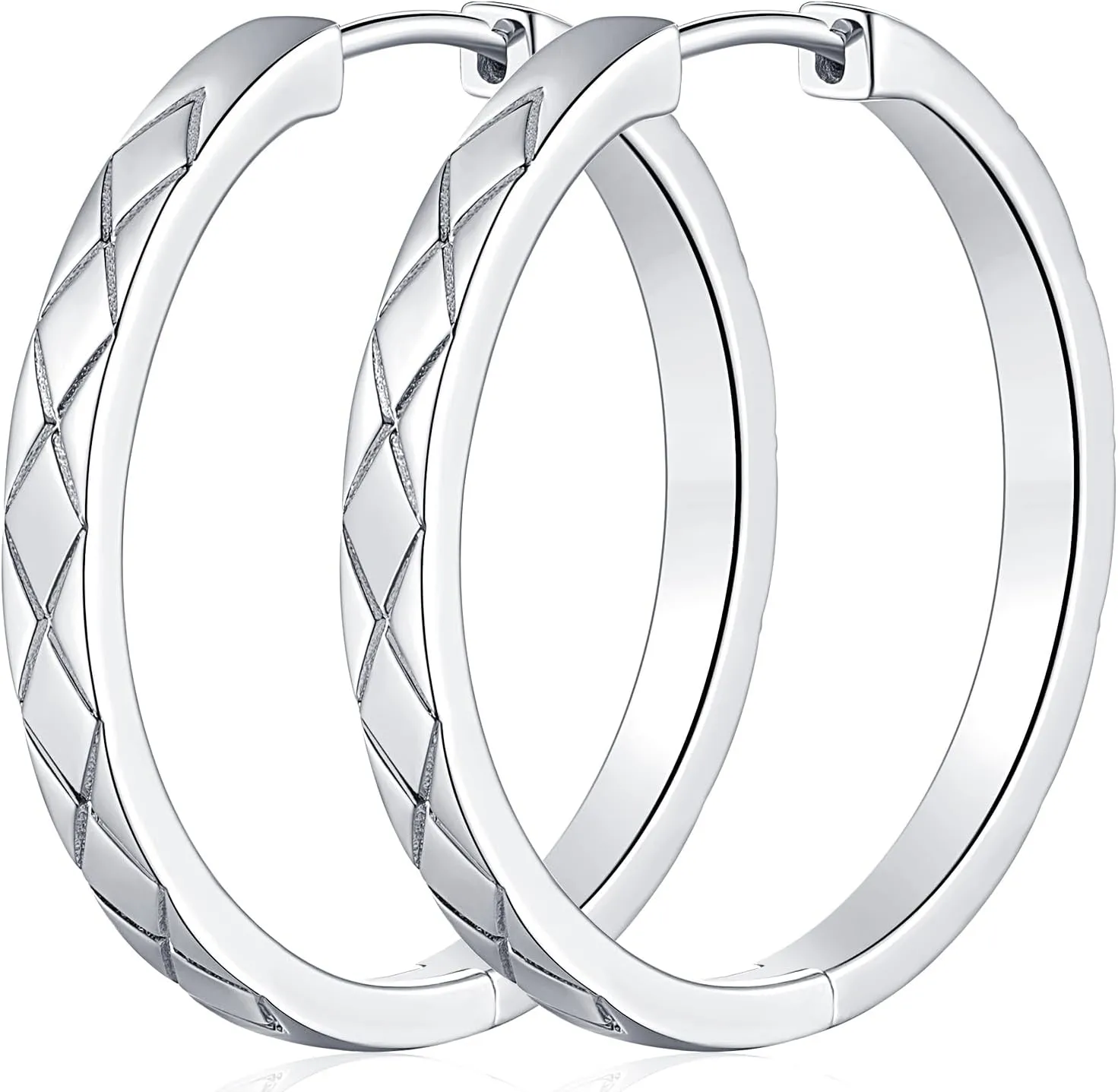 Sterling Silver Hoop Earrings for Women Silver Earrings Hoops Large Silver Huggie Hoop Earrings Unique Cross-cut Design 30MM*3.5MM