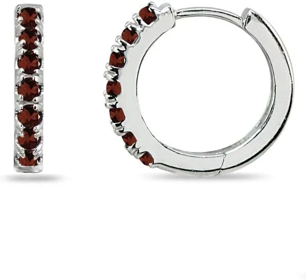 Sterling Silver Tiny Small 15mm Prong-set Genuine or Synthetic Gemstone Round Small Huggie Hoop Earrings for Women