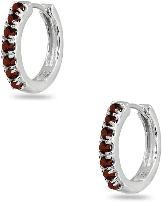 Sterling Silver Tiny Small 15mm Prong-set Genuine or Synthetic Gemstone Round Small Huggie Hoop Earrings for Women