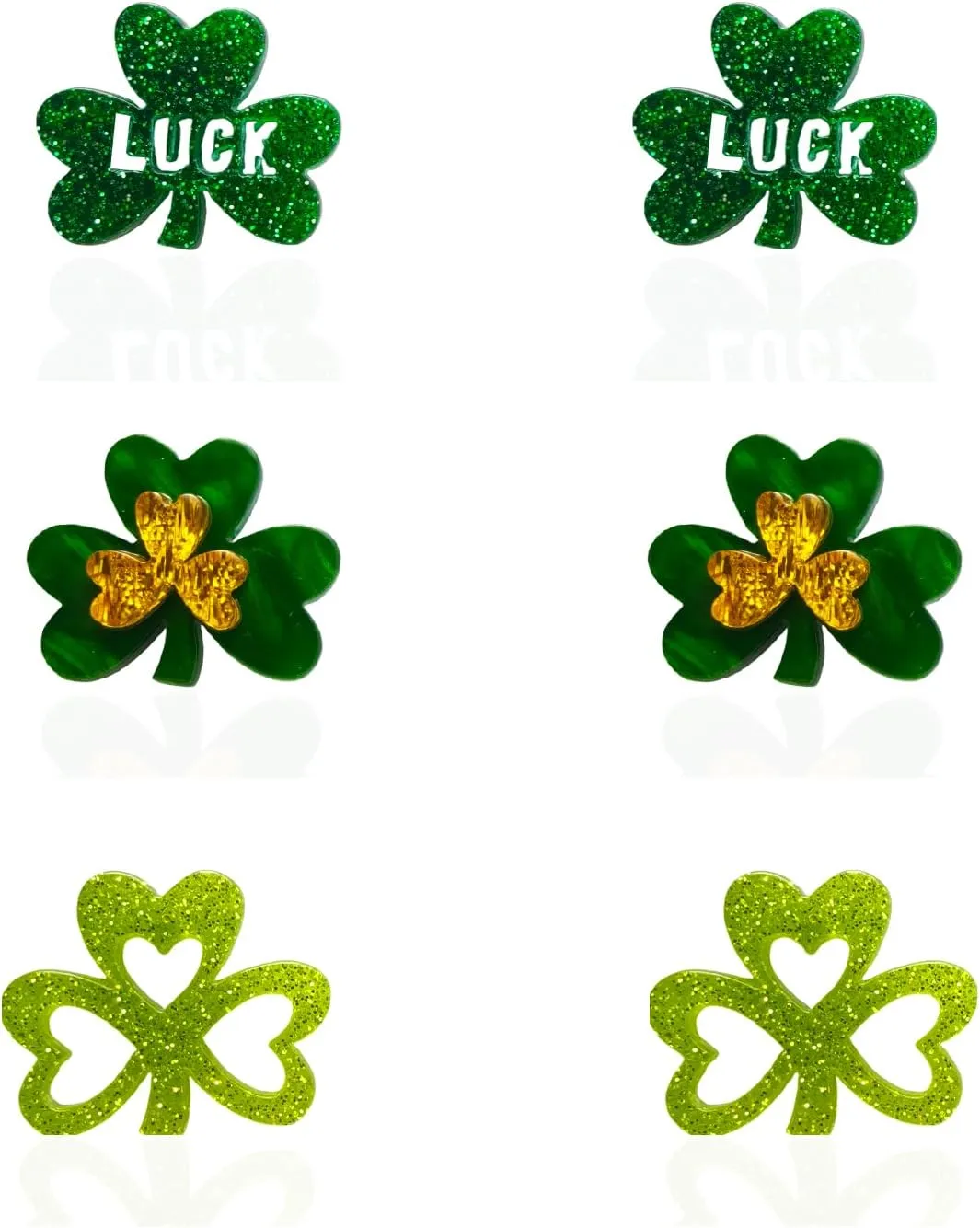 St.Patrick's Day Stud Earrings for Women 3 Pairs Irish Lucky Earrings Acrylic Glitter Green Lucky Clover Green Leaf Hat Earrings Irish Gold Coin Beer Hat Horseshoe Stud Earrings St.Patrick's Day Holiday Jewelry Accessory