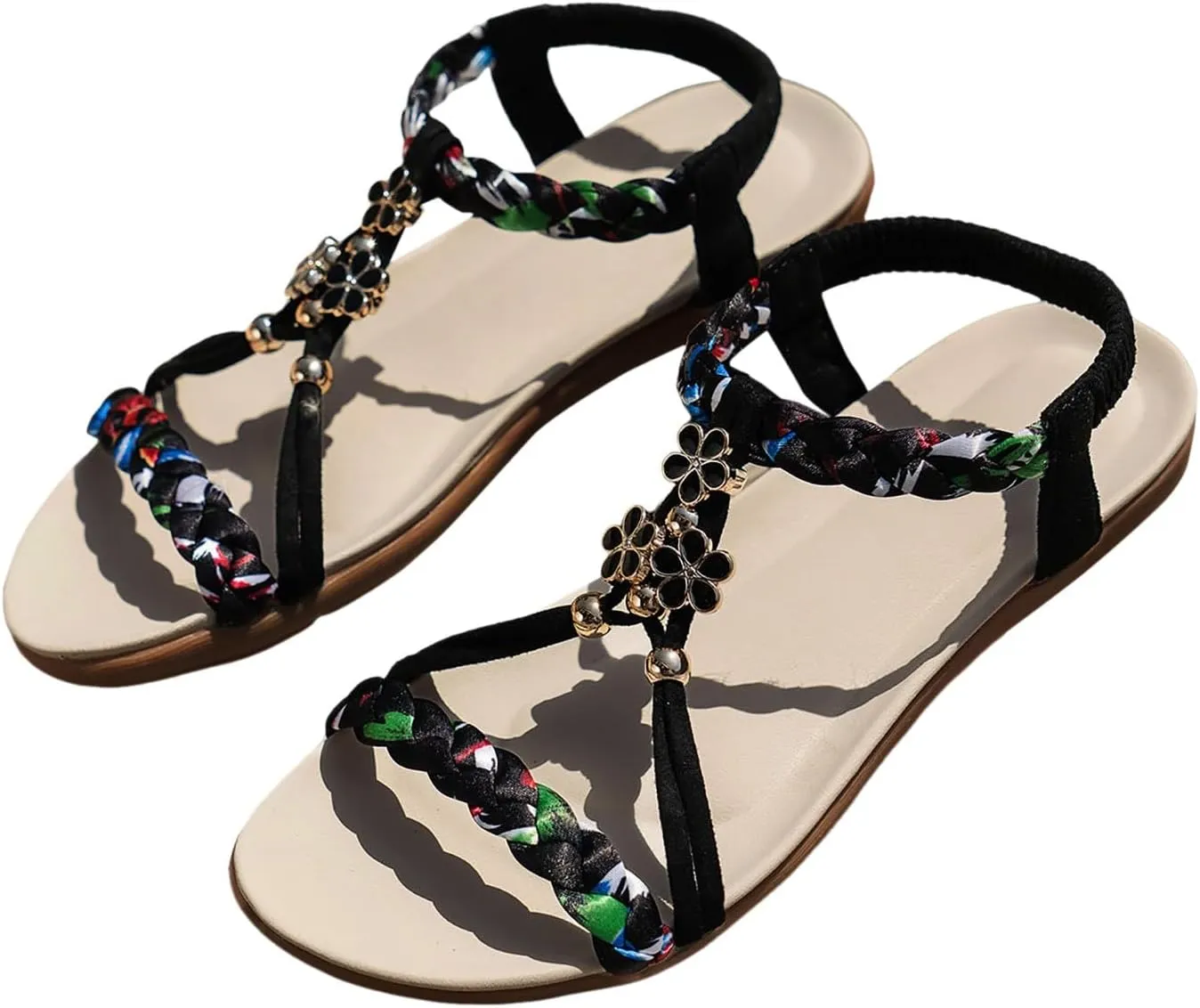 Strappy Sandals for Women 2025 Casual Bohemian Beach Sandal Orthopedic Wedges Ankle Strap Flip Flops Open Toe Jeweled Flat Shoes