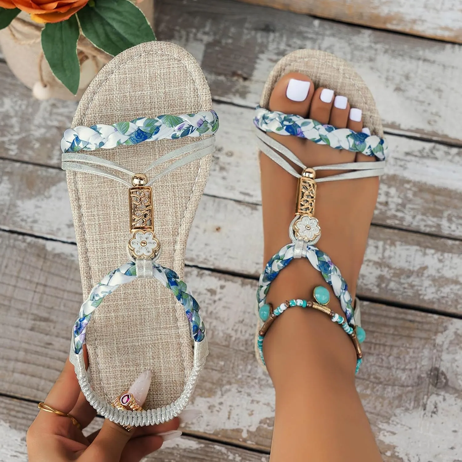Strappy Sandals for Women 2025 Casual Bohemian Beach Sandal Orthopedic Wedges Ankle Strap Flip Flops Open Toe Jeweled Flat Shoes