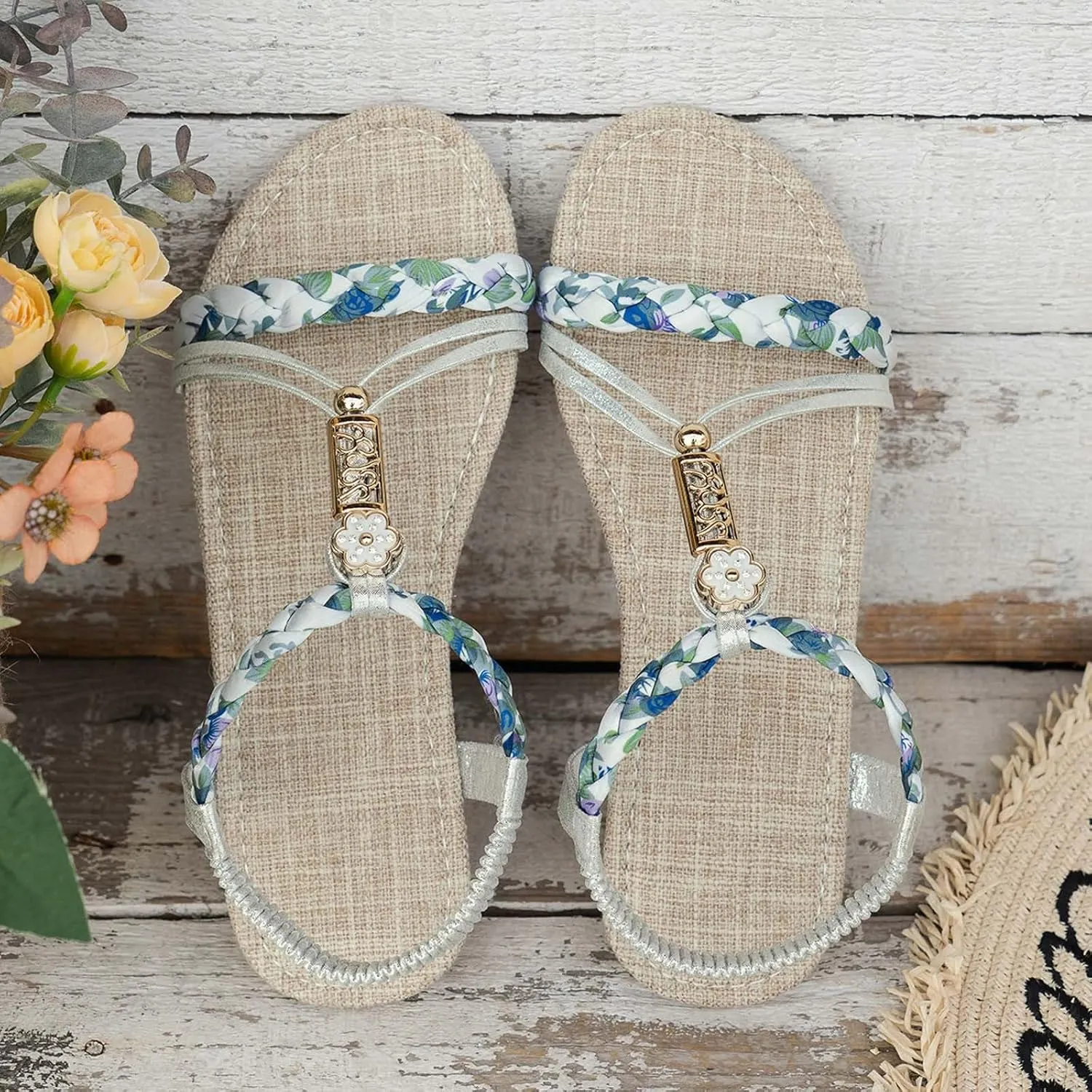 Strappy Sandals for Women 2025 Casual Bohemian Beach Sandal Orthopedic Wedges Ankle Strap Flip Flops Open Toe Jeweled Flat Shoes