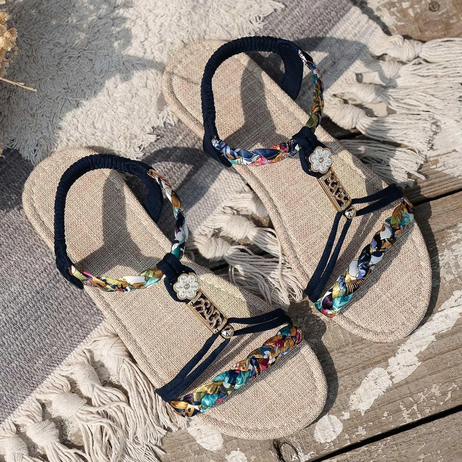 Strappy Sandals for Women 2025 Casual Bohemian Beach Sandal Orthopedic Wedges Ankle Strap Flip Flops Open Toe Jeweled Flat Shoes