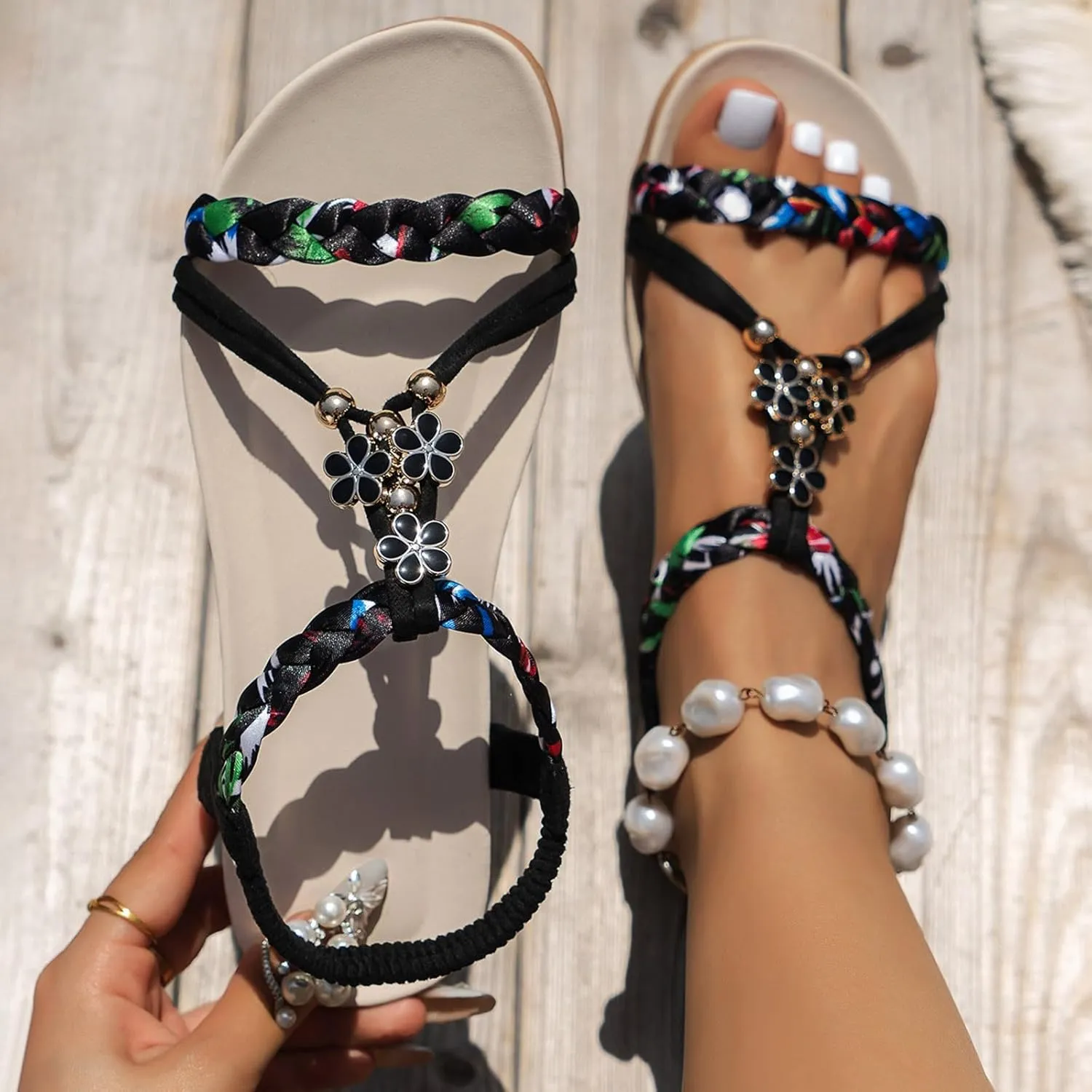 Strappy Sandals for Women 2025 Casual Bohemian Beach Sandal Orthopedic Wedges Ankle Strap Flip Flops Open Toe Jeweled Flat Shoes