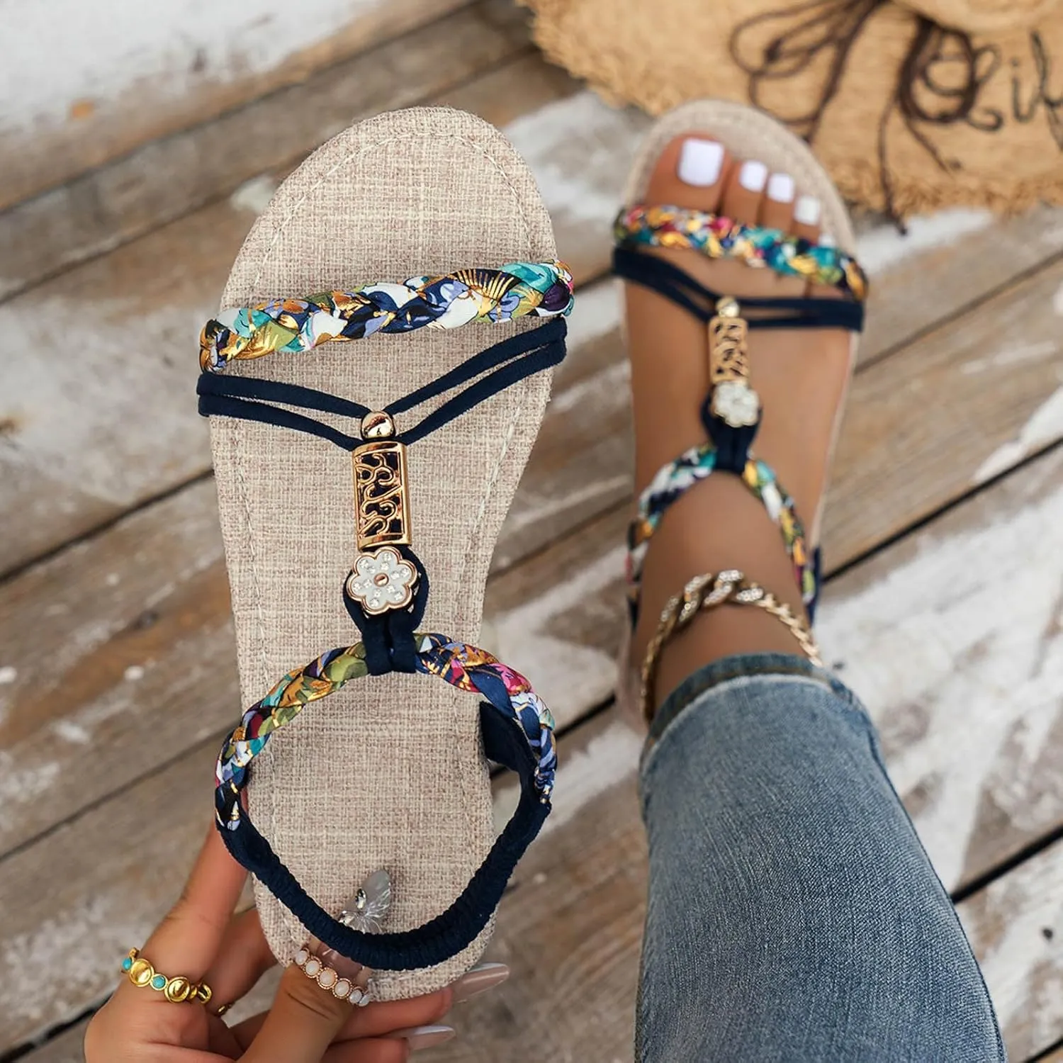 Strappy Sandals for Women 2025 Casual Bohemian Beach Sandal Orthopedic Wedges Ankle Strap Flip Flops Open Toe Jeweled Flat Shoes