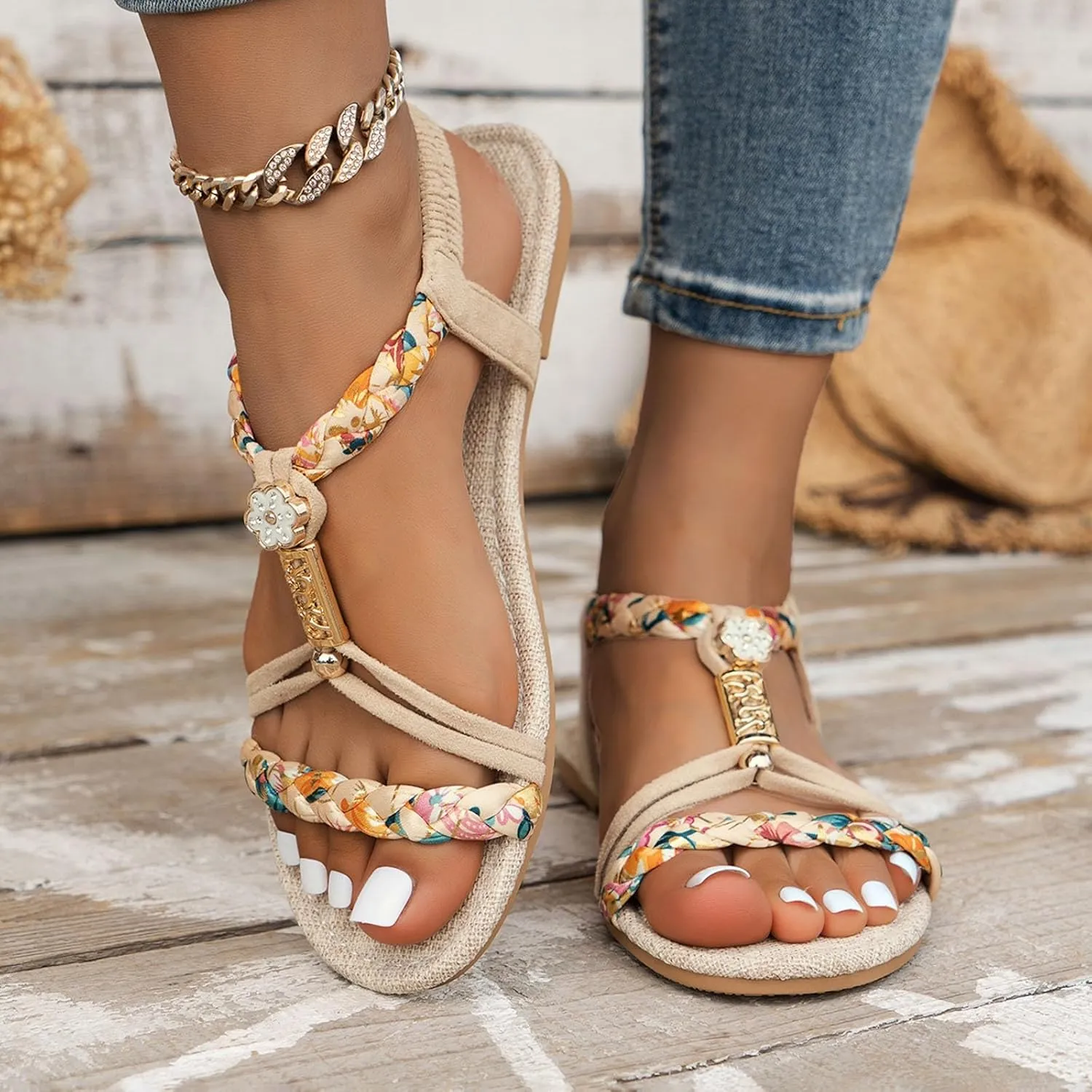 Strappy Sandals for Women 2025 Casual Bohemian Beach Sandal Orthopedic Wedges Ankle Strap Flip Flops Open Toe Jeweled Flat Shoes