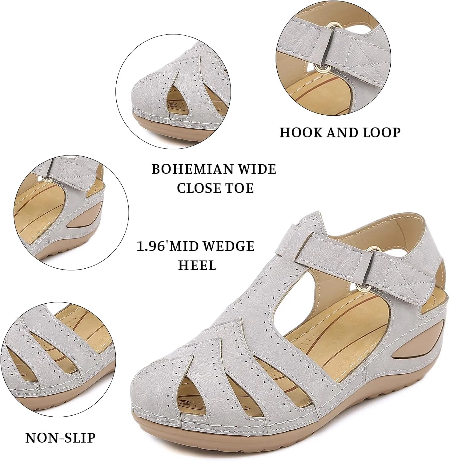 Summer Closed Toe Wedges Sandals for Women Arch Support Ankle Strap Hook and Loop Gladiator Wedge Sandals Causal Shoes Outdoor Beach Athletic Sandal