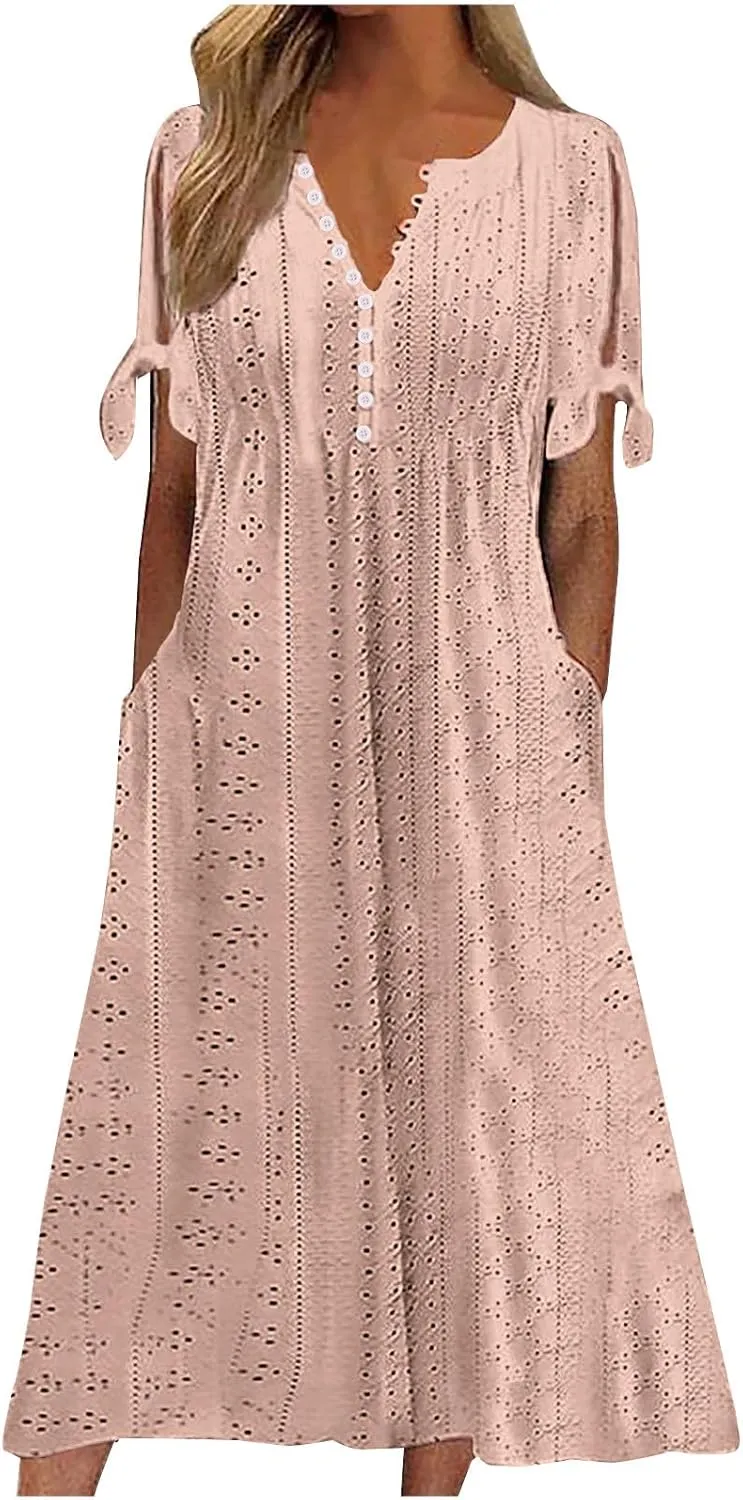 Summer Dresses for Women 2024 Button Down Short Sleeve Eyelet Ruffle Maxi Dress with Pocket Casual Empire Waist Dress