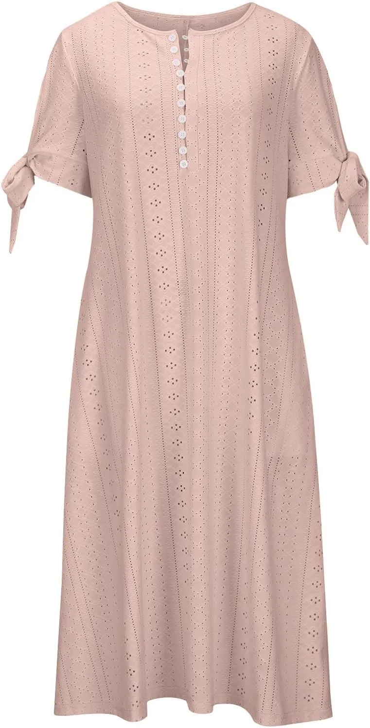 Summer Dresses for Women 2024 Button Down Short Sleeve Eyelet Ruffle Maxi Dress with Pocket Casual Empire Waist Dress