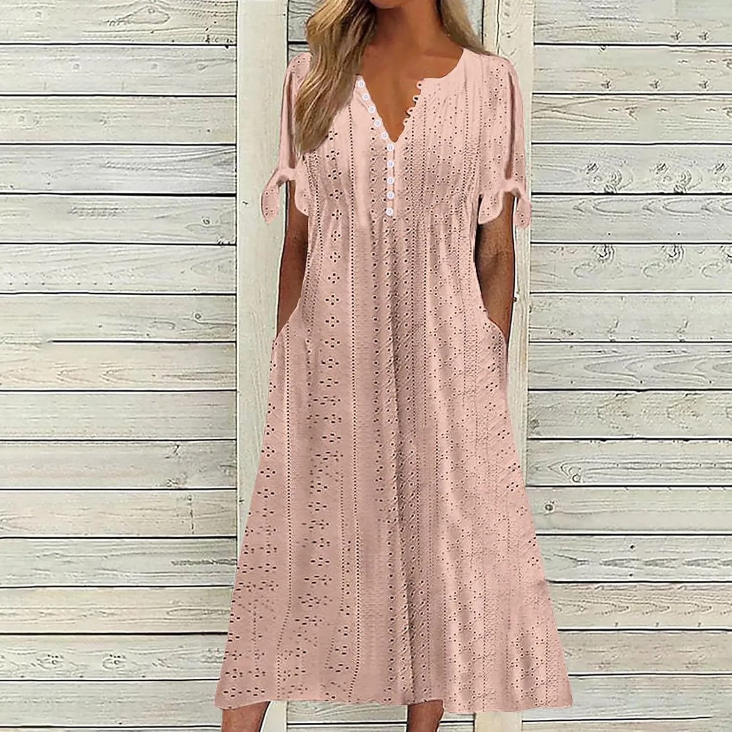 Summer Dresses for Women 2024 Button Down Short Sleeve Eyelet Ruffle Maxi Dress with Pocket Casual Empire Waist Dress