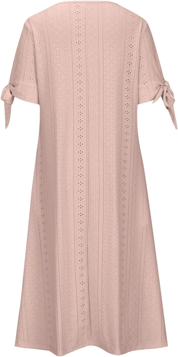 Summer Dresses for Women 2024 Button Down Short Sleeve Eyelet Ruffle Maxi Dress with Pocket Casual Empire Waist Dress
