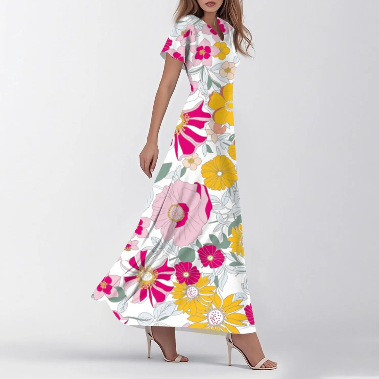 Summer Dresses for Women 2025 Elegant Classy Flowy Ruffle Swing V Neck Church Dress Casual Vacation Long Sundresses