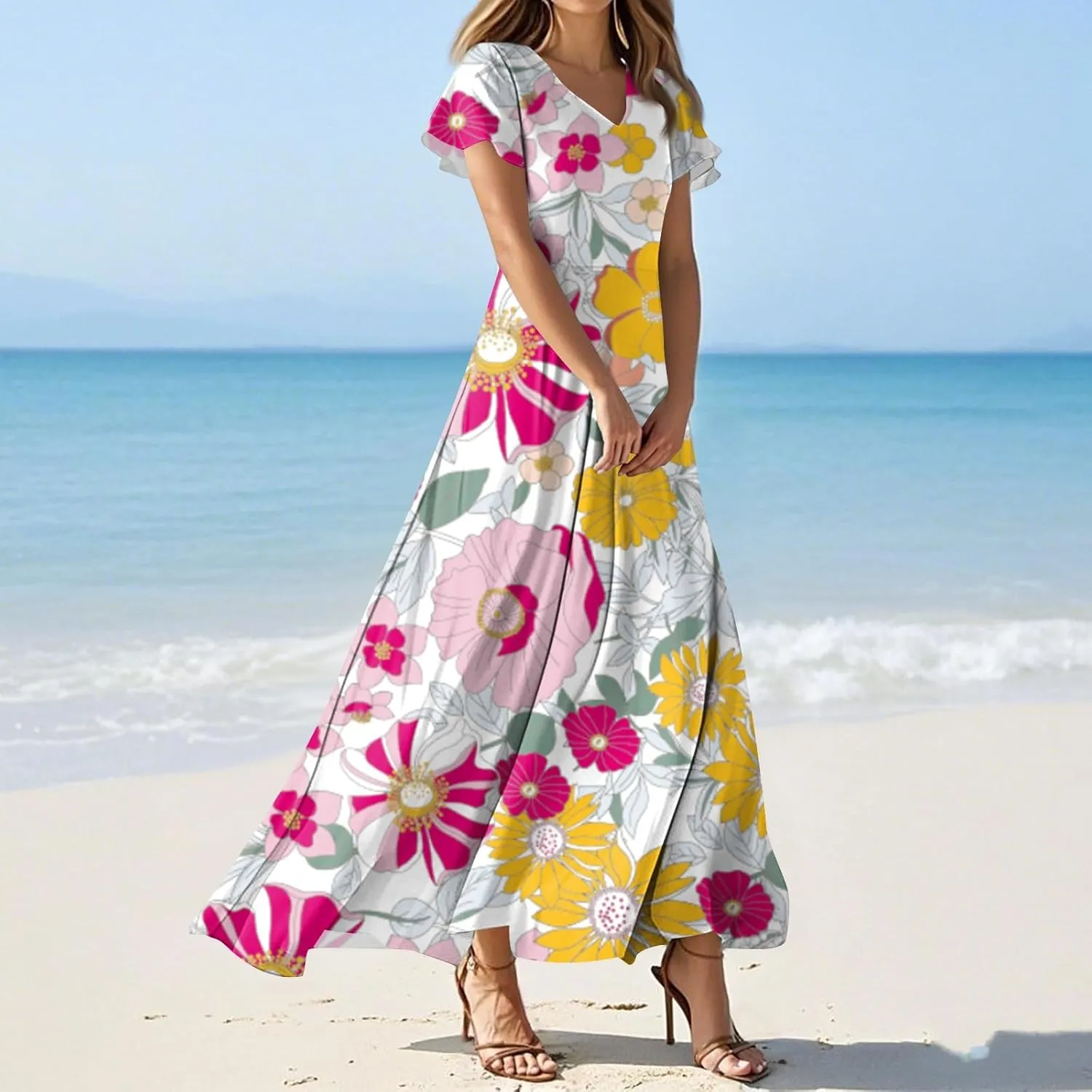 Summer Dresses for Women 2025 Elegant Classy Flowy Ruffle Swing V Neck Church Dress Casual Vacation Long Sundresses