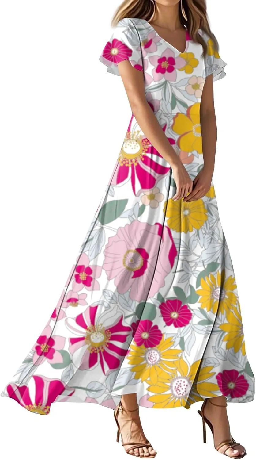 Summer Dresses for Women 2025 Elegant Classy Flowy Ruffle Swing V Neck Church Dress Casual Vacation Long Sundresses