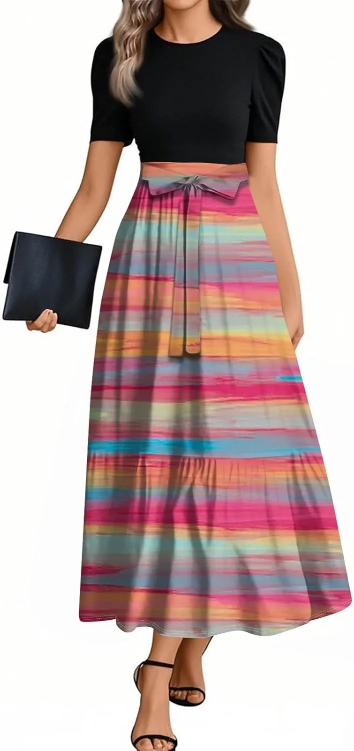 Summer Dresses for Women 2025 Patchwork a Line Dress Flowy Floral Long Sundress Short Sleeve Ruffle Hem Maxi Dress