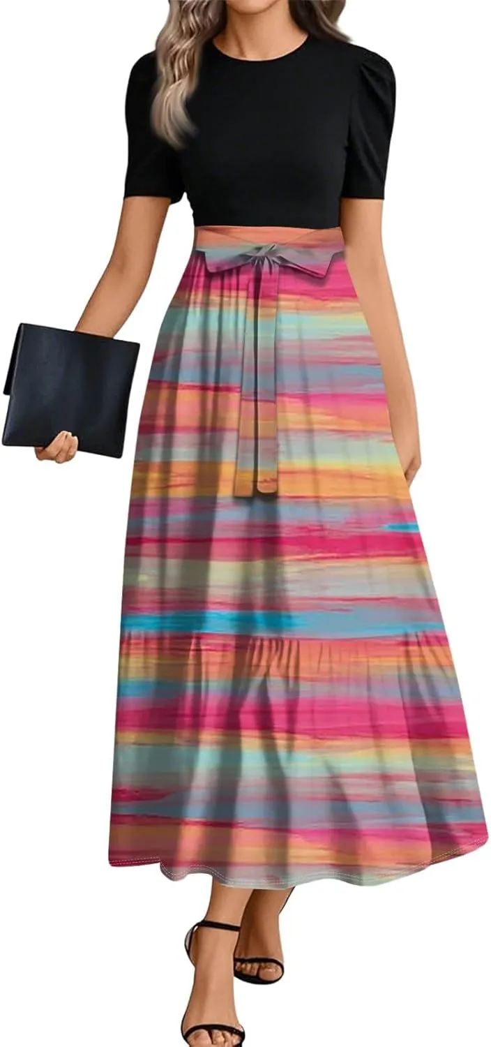 Summer Dresses for Women 2025 Patchwork a Line Dress Flowy Floral Long Sundress Short Sleeve Ruffle Hem Maxi Dress