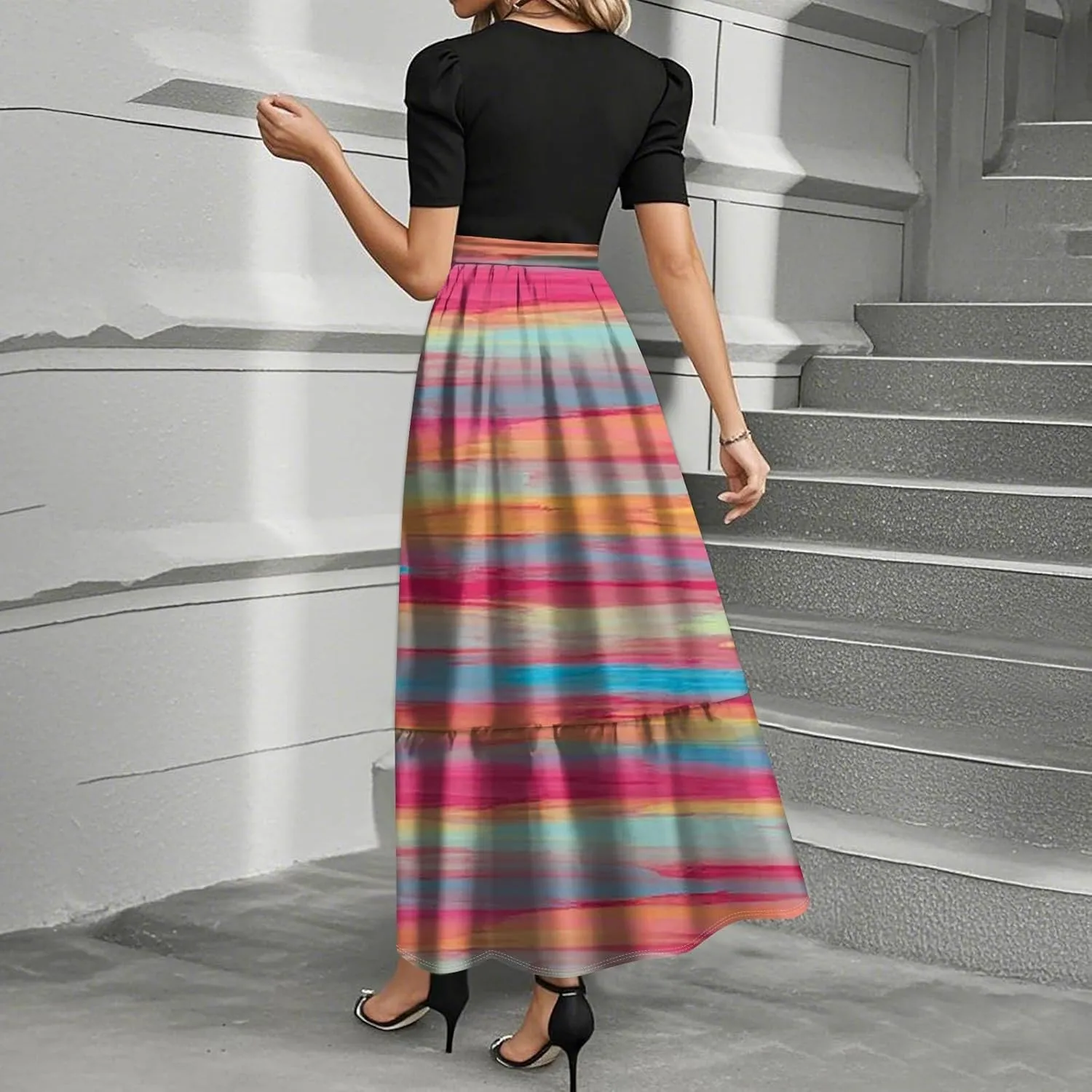 Summer Dresses for Women 2025 Patchwork a Line Dress Flowy Floral Long Sundress Short Sleeve Ruffle Hem Maxi Dress