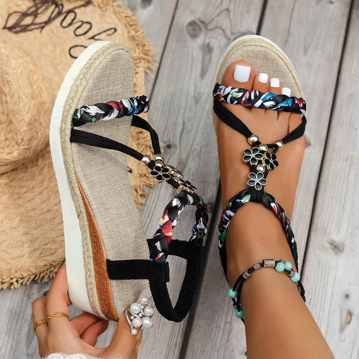 Summer Sandals for Women 2025 Dressy Low Wedge Heels Sandal Shoes Platform Comfort Walking Non Slip Casual Beach Sandals Ankle Elastic Bohemian Woven Sandals for Vacation Party Wedding