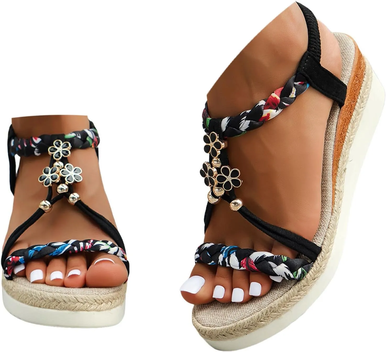 Summer Sandals for Women 2025 Dressy Low Wedge Heels Sandal Shoes Platform Comfort Walking Non Slip Casual Beach Sandals Ankle Elastic Bohemian Woven Sandals for Vacation Party Wedding