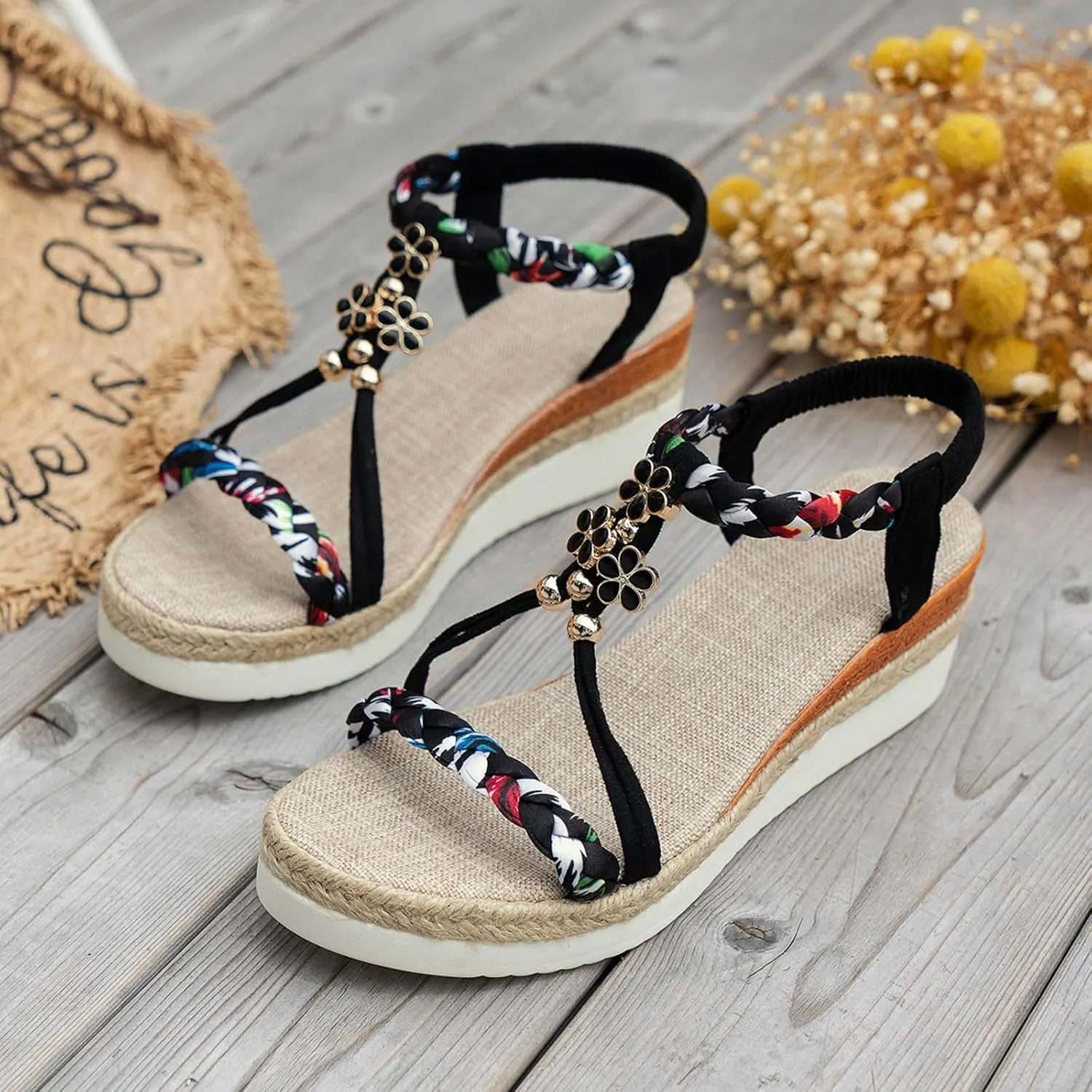 Summer Sandals for Women 2025 Dressy Low Wedge Heels Sandal Shoes Platform Comfort Walking Non Slip Casual Beach Sandals Ankle Elastic Bohemian Woven Sandals for Vacation Party Wedding
