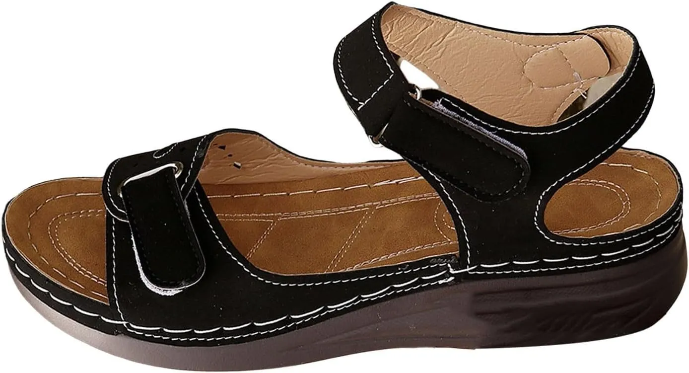 Summer Sandals for Women 2025 Dressy Orthopedic Strappy Arch Support Flat Wedge Sandals Walking Women Open Toe Ankle Strap Comfortable Platform Slip-On Shoe for Vacation Summer Beach Party Wedding