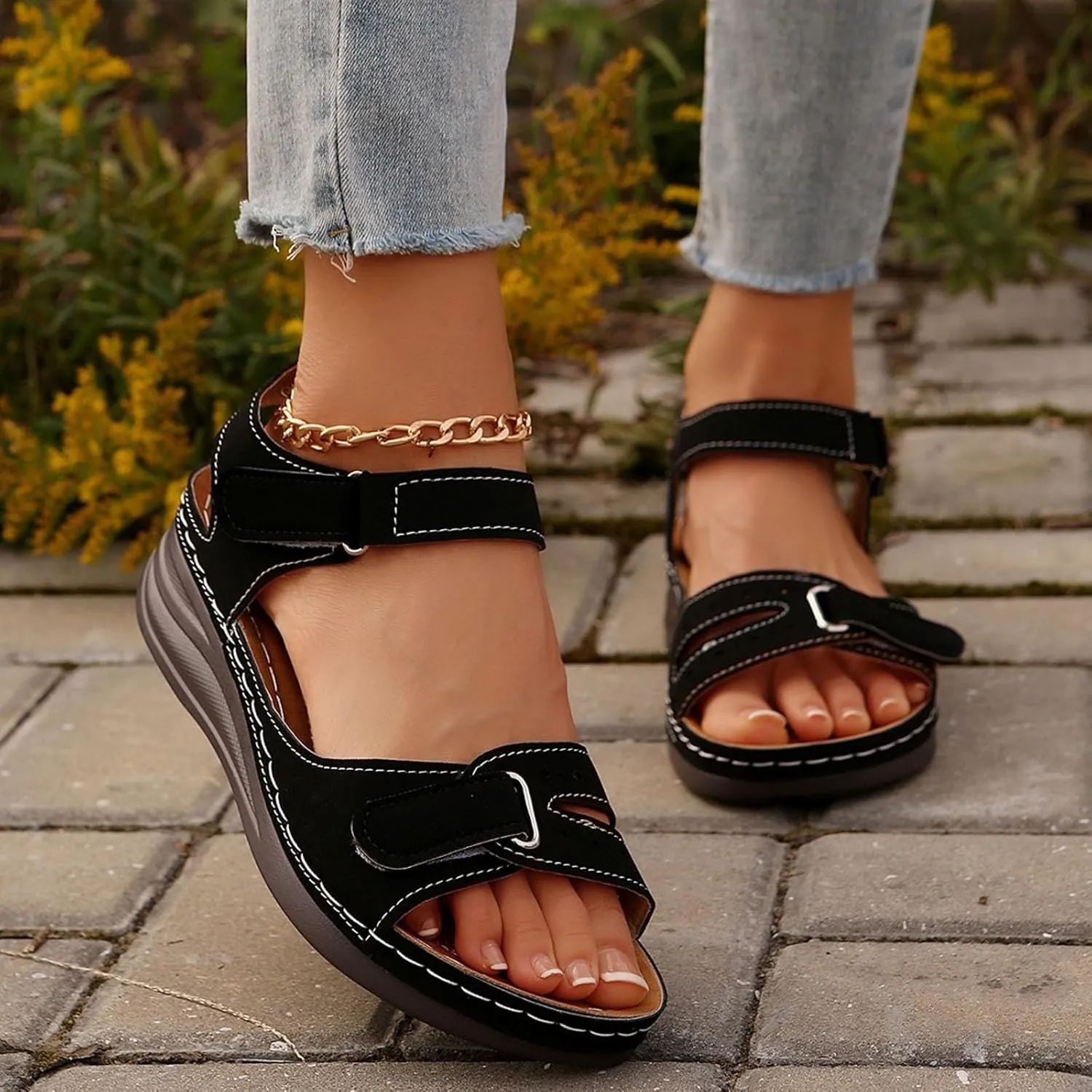 Summer Sandals for Women 2025 Dressy Orthopedic Strappy Arch Support Flat Wedge Sandals Walking Women Open Toe Ankle Strap Comfortable Platform Slip-On Shoe for Vacation Summer Beach Party Wedding