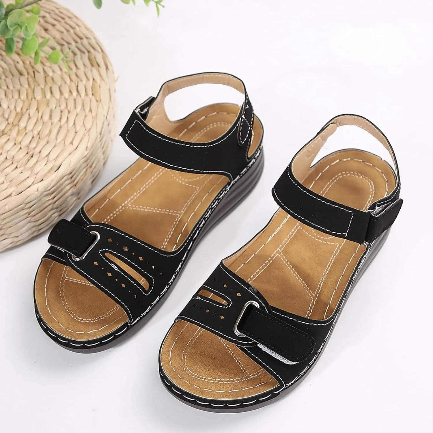 Summer Sandals for Women 2025 Dressy Orthopedic Strappy Arch Support Flat Wedge Sandals Walking Women Open Toe Ankle Strap Comfortable Platform Slip-On Shoe for Vacation Summer Beach Party Wedding