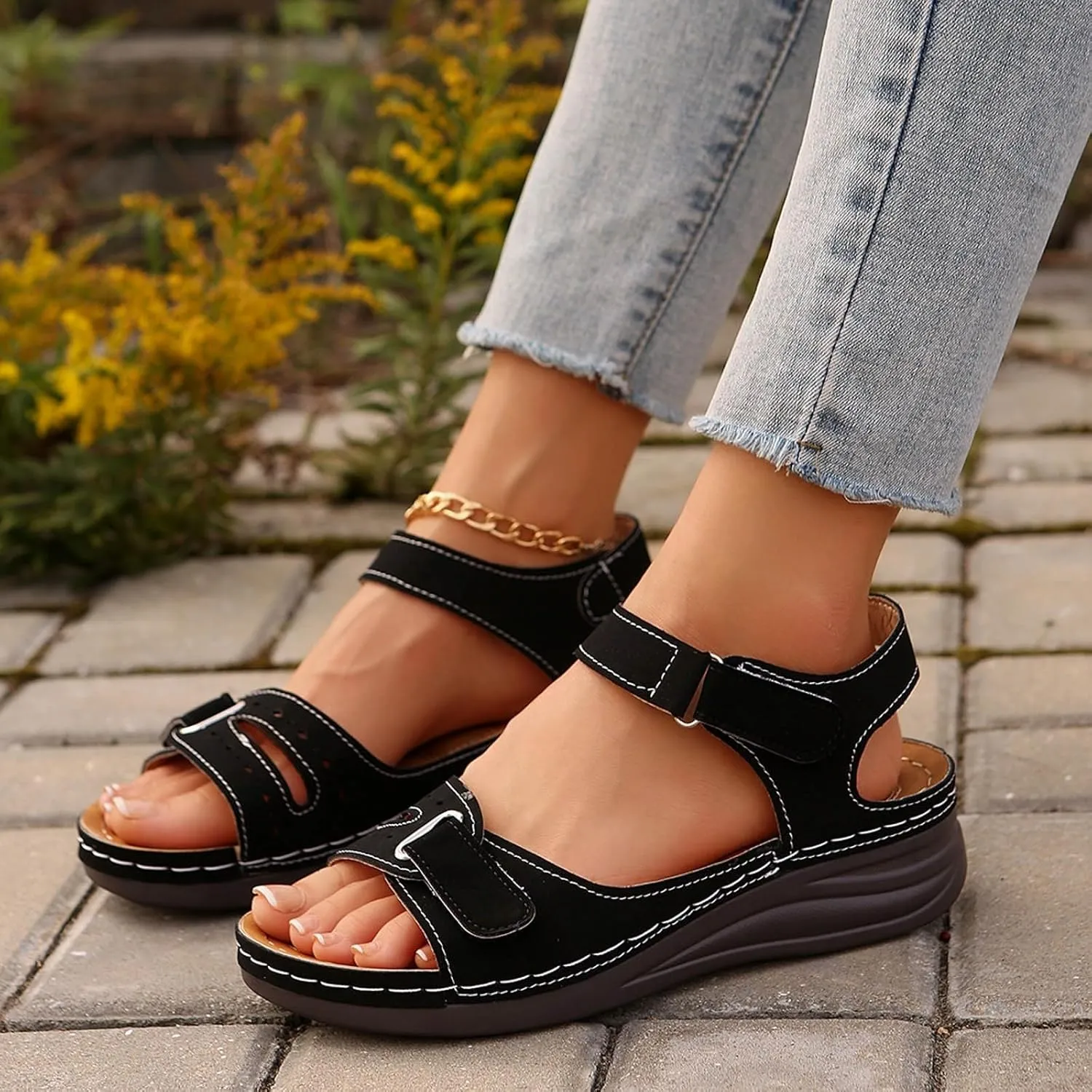 Summer Sandals for Women 2025 Dressy Orthopedic Strappy Arch Support Flat Wedge Sandals Walking Women Open Toe Ankle Strap Comfortable Platform Slip-On Shoe for Vacation Summer Beach Party Wedding