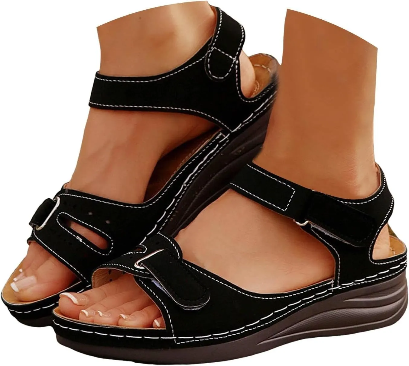 Summer Sandals for Women 2025 Dressy Orthopedic Strappy Arch Support Flat Wedge Sandals Walking Women Open Toe Ankle Strap Comfortable Platform Slip-On Shoe for Vacation Summer Beach Party Wedding