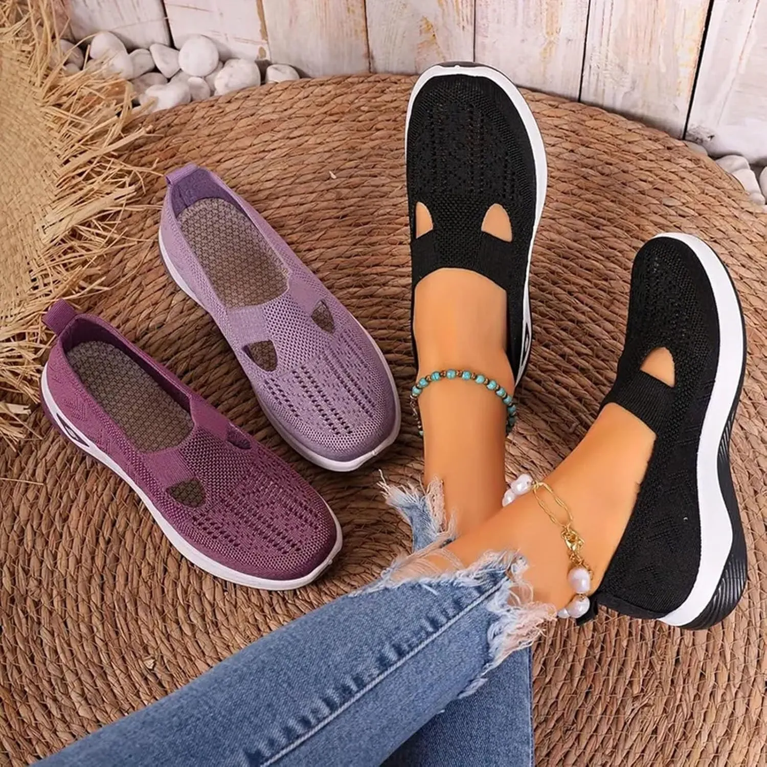 Summer Sandals for Women 2025 Dressy Orthopedic Walking Shoes Womens Woven Orthotic Breathable Walking Sneaker Non-Slip Arch Support Slip on Shoe
