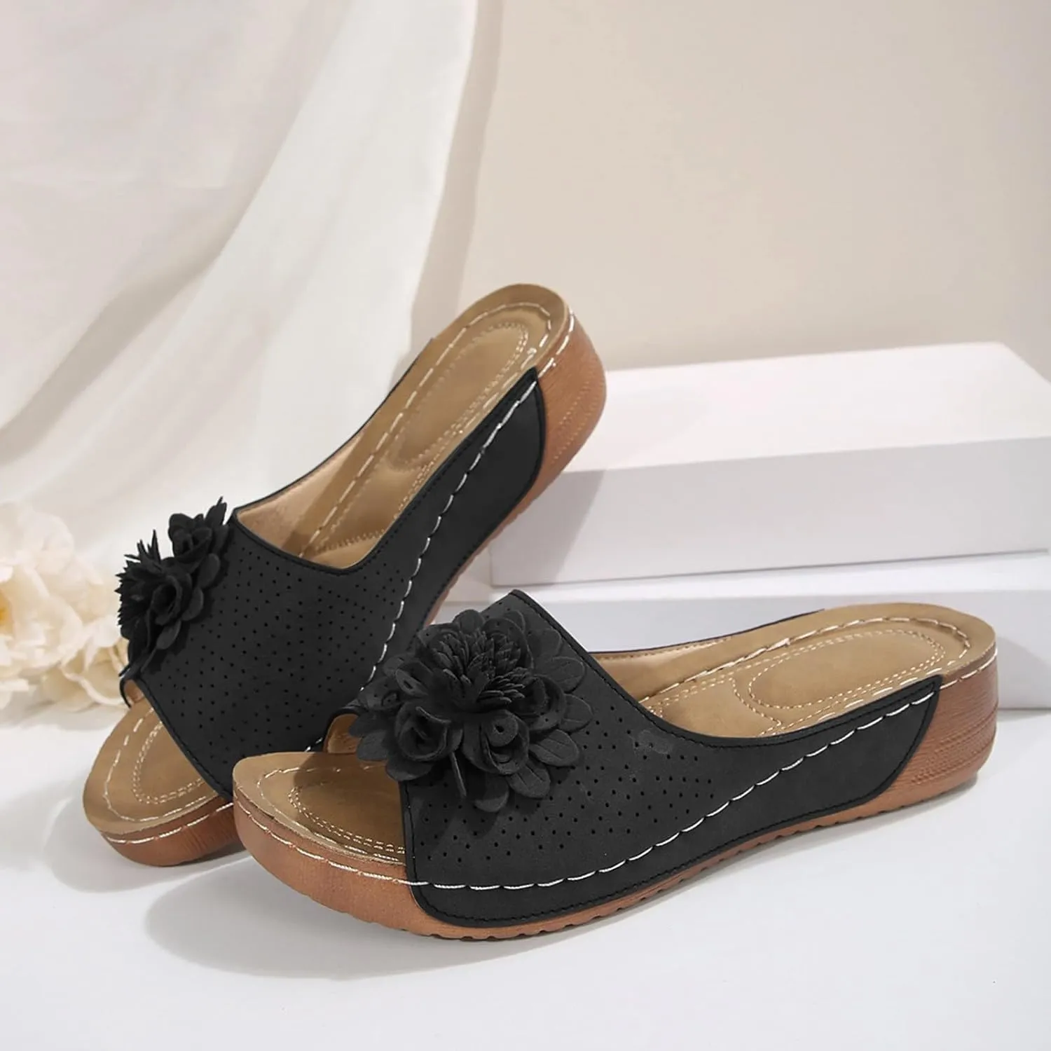 Summer Sandals for Women 2025 Low Wedge Sandal Retro Bohemian Suede Leather Floral Breathable Slip On Orthopedic Arch Support Slide Sandals Vacation Party Shoes