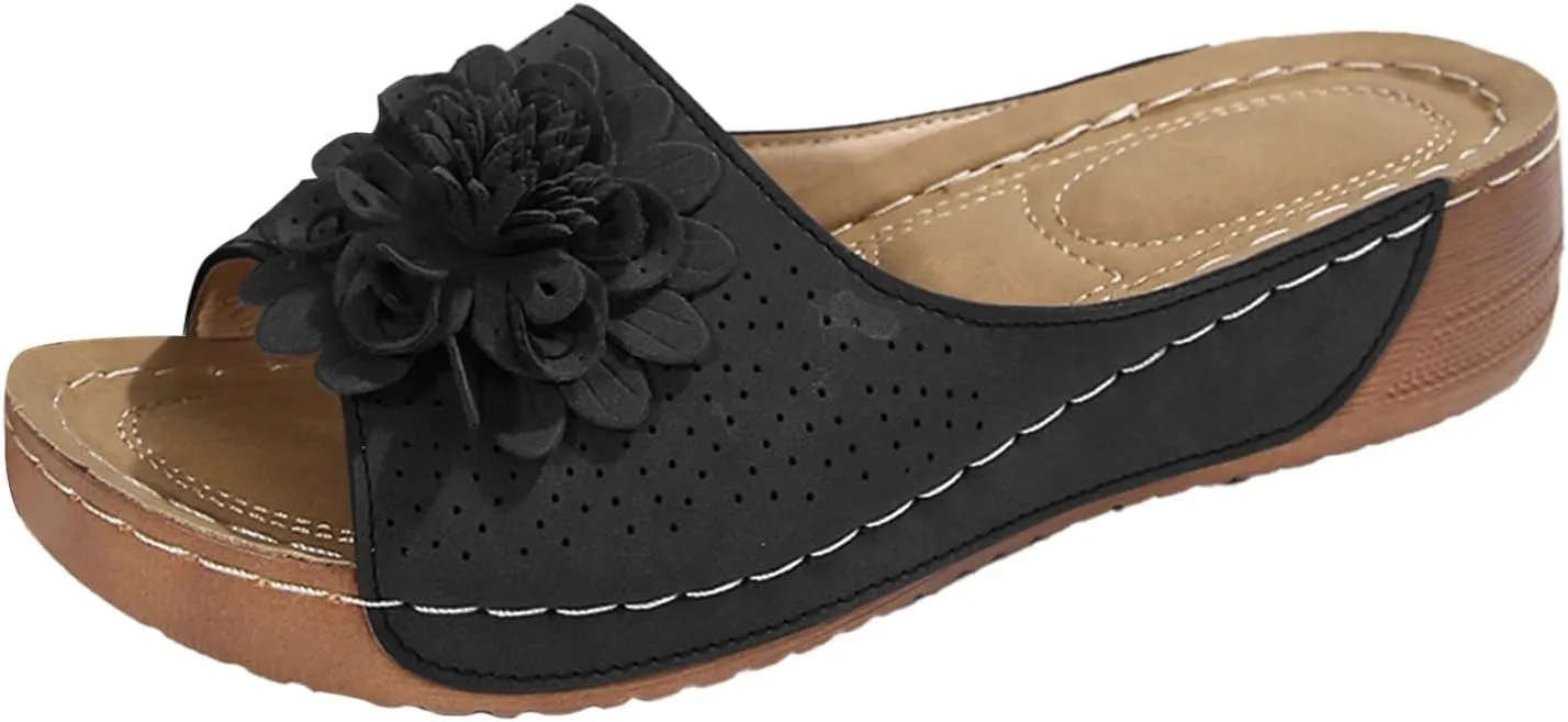 Summer Sandals for Women 2025 Low Wedge Sandal Retro Bohemian Suede Leather Floral Breathable Slip On Orthopedic Arch Support Slide Sandals Vacation Party Shoes