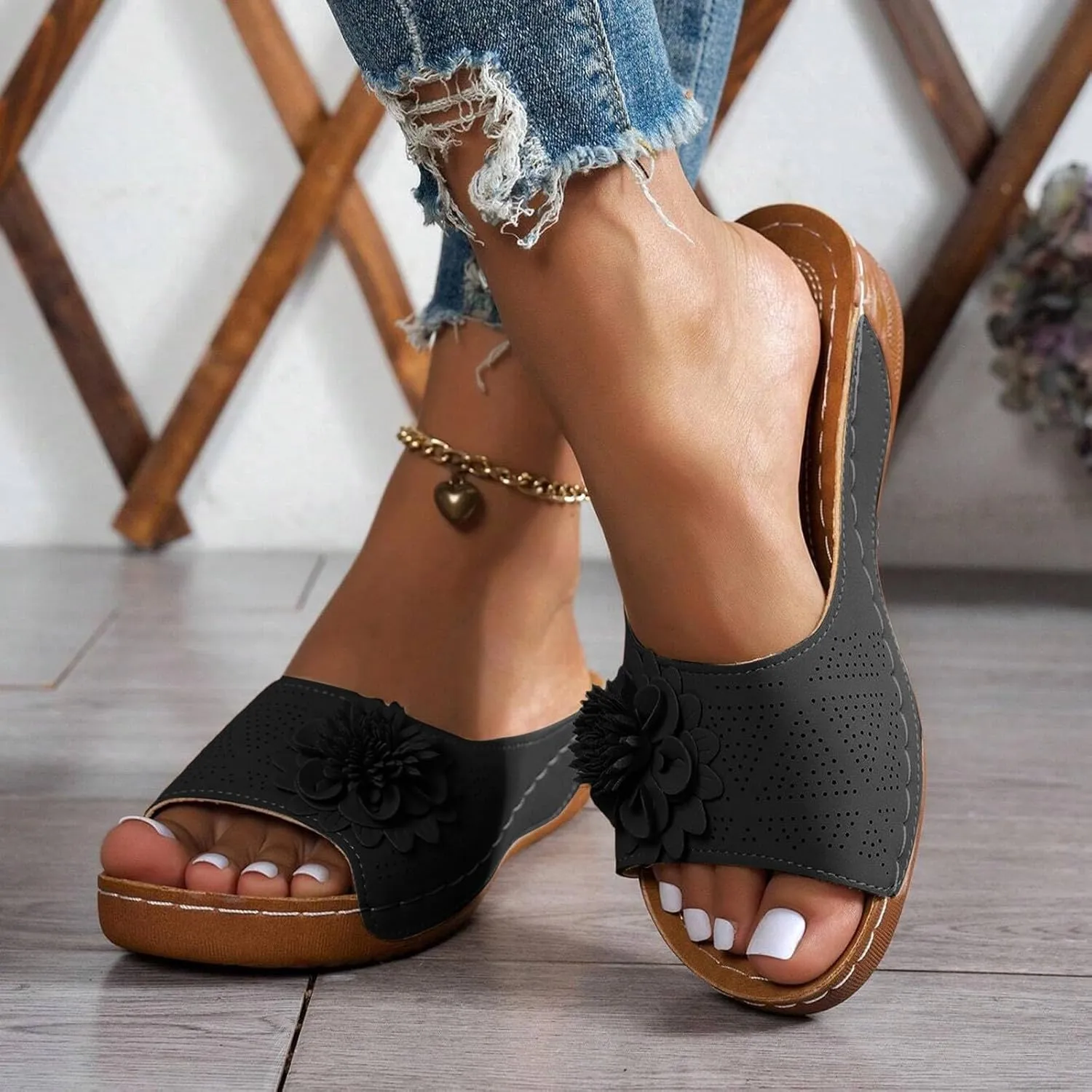 Summer Sandals for Women 2025 Low Wedge Sandal Retro Bohemian Suede Leather Floral Breathable Slip On Orthopedic Arch Support Slide Sandals Vacation Party Shoes