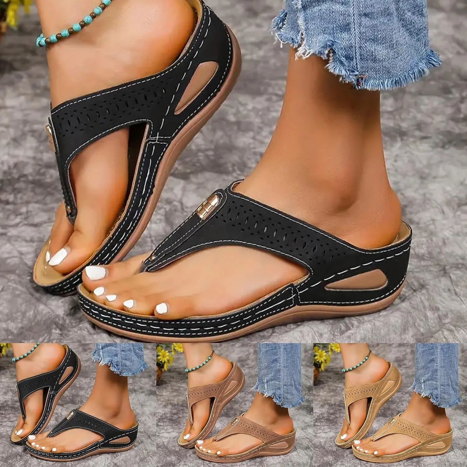 Summer Sandals for Women 2025 Trendy New Orthopedic Wedge Dressy Comfortable Arch Support Casual Slip on Flats Flip Flops for Women Ladies Beach Outdoor Slides Slippers Shoes