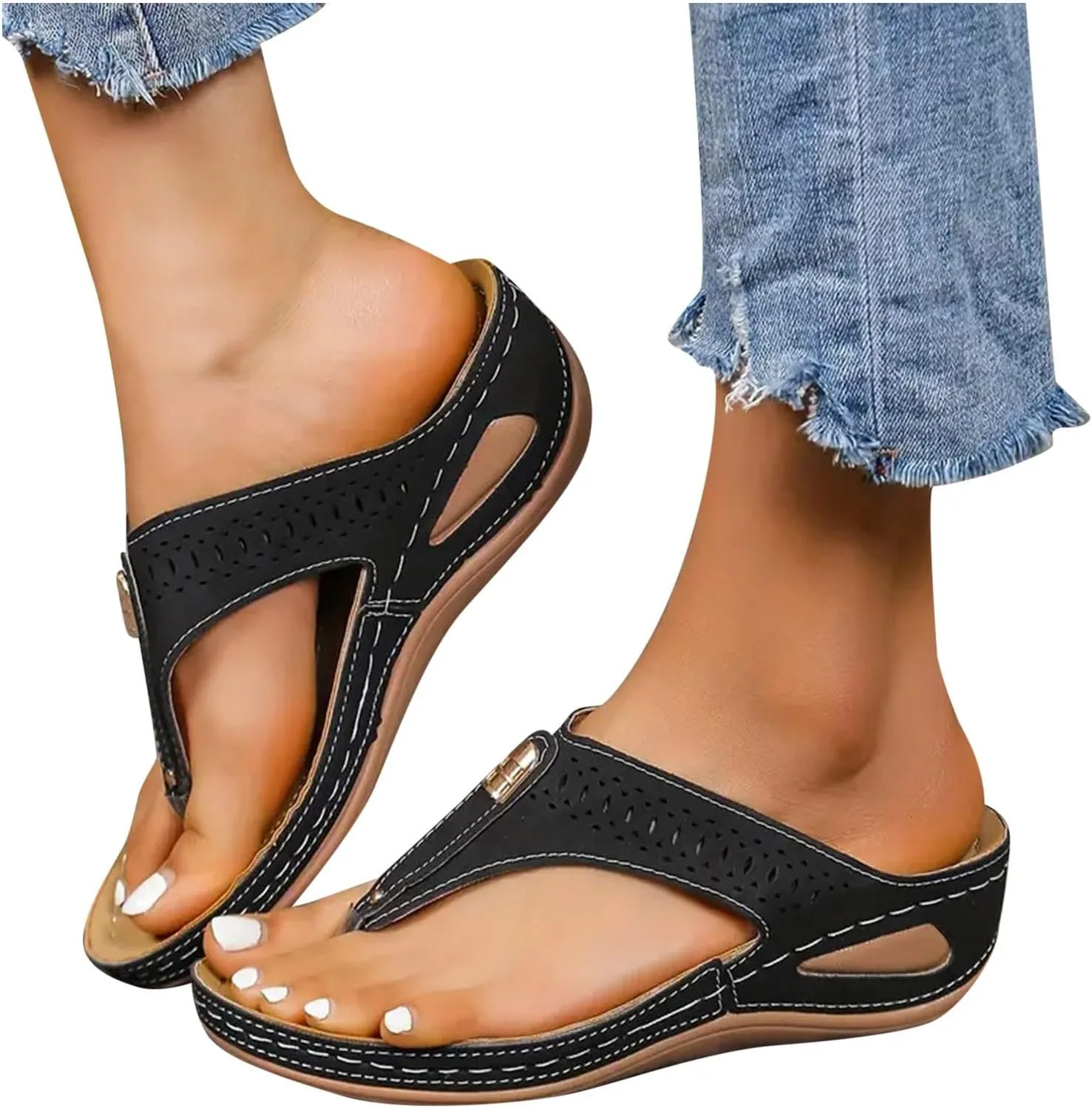 Summer Sandals for Women 2025 Trendy New Orthopedic Wedge Dressy Comfortable Arch Support Casual Slip on Flats Flip Flops for Women Ladies Beach Outdoor Slides Slippers Shoes