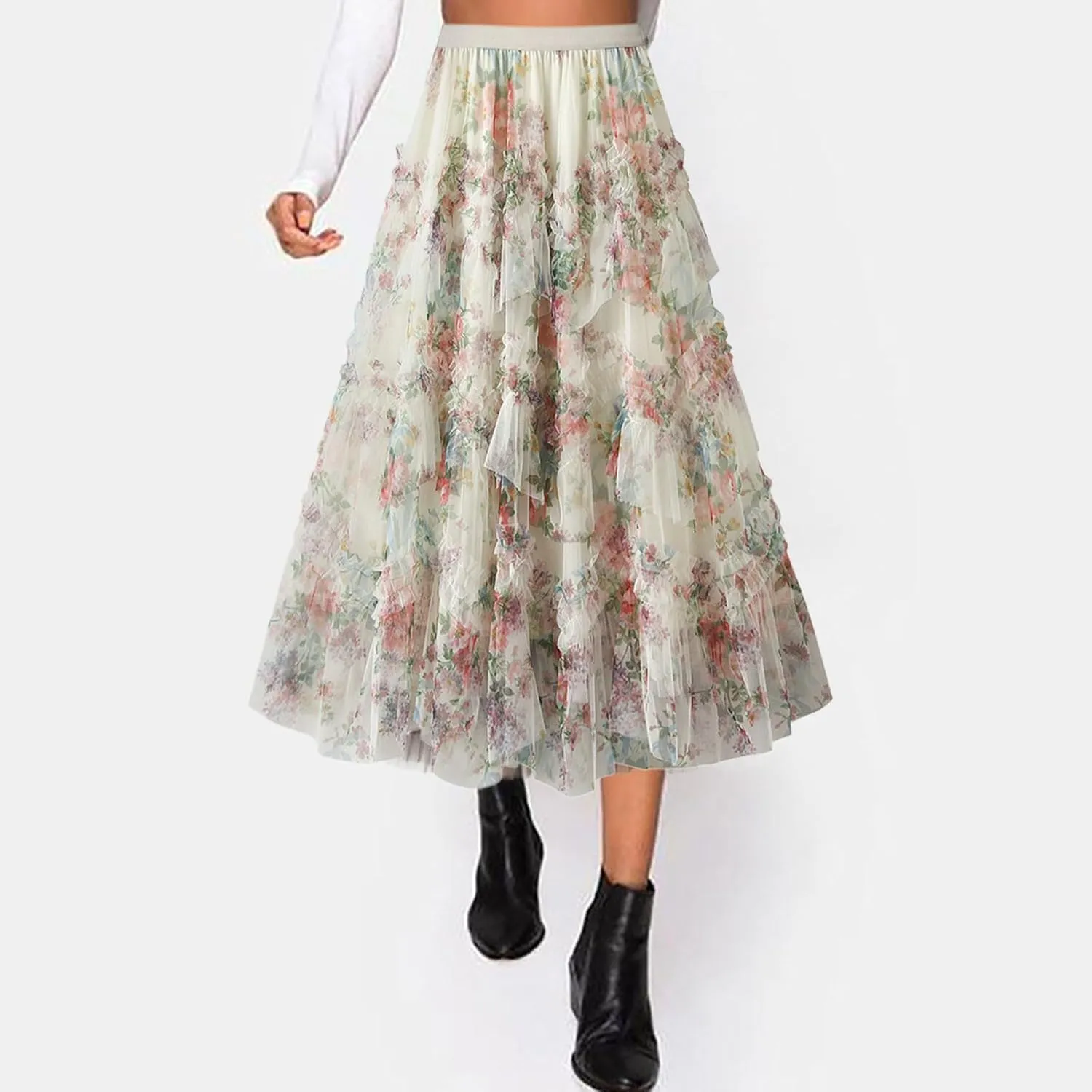 Summer Skirts Midi Skirt Elastic High Waist Flowy Pleated Skirt a Line Mesh Fairy Skirts Long Flowy Skirt