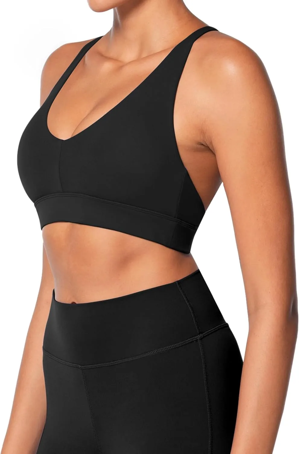 Sunzel V Neck Strappy Sports Bras for Women Criss Cross Back Halter Yoga Bra Removable Cups Padded Workout Running Gym Tops