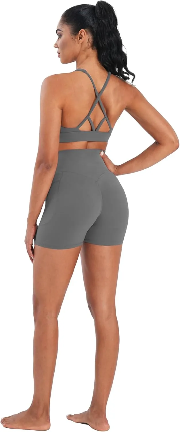 Sunzel V Neck Strappy Sports Bras for Women Criss Cross Back Halter Yoga Bra Removable Cups Padded Workout Running Gym Tops