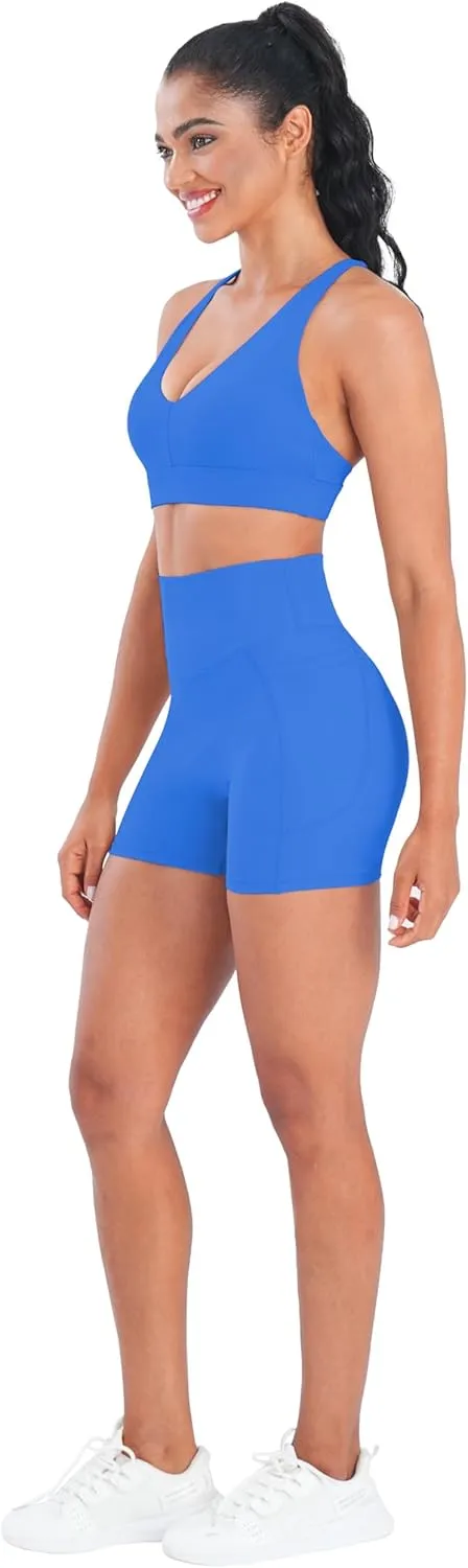 Sunzel V Neck Strappy Sports Bras for Women Criss Cross Back Halter Yoga Bra Removable Cups Padded Workout Running Gym Tops