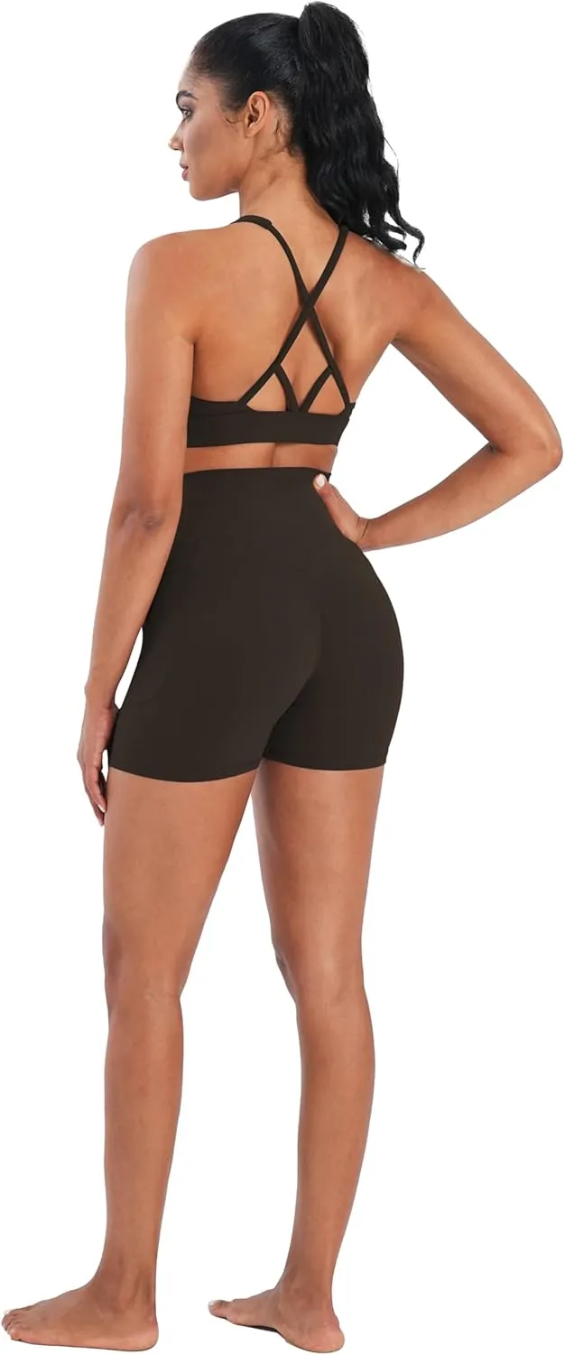 Sunzel V Neck Strappy Sports Bras for Women Criss Cross Back Halter Yoga Bra Removable Cups Padded Workout Running Gym Tops