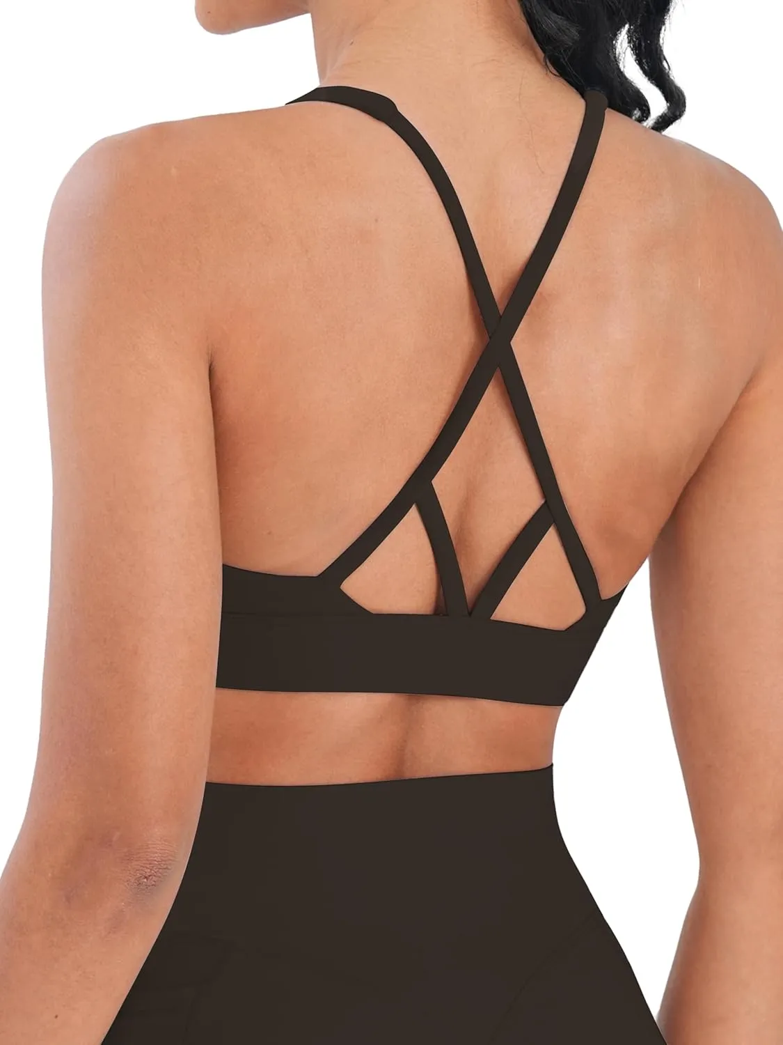 Sunzel V Neck Strappy Sports Bras for Women Criss Cross Back Halter Yoga Bra Removable Cups Padded Workout Running Gym Tops