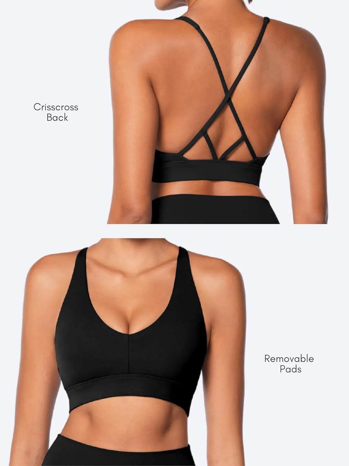 Sunzel V Neck Strappy Sports Bras for Women Criss Cross Back Halter Yoga Bra Removable Cups Padded Workout Running Gym Tops