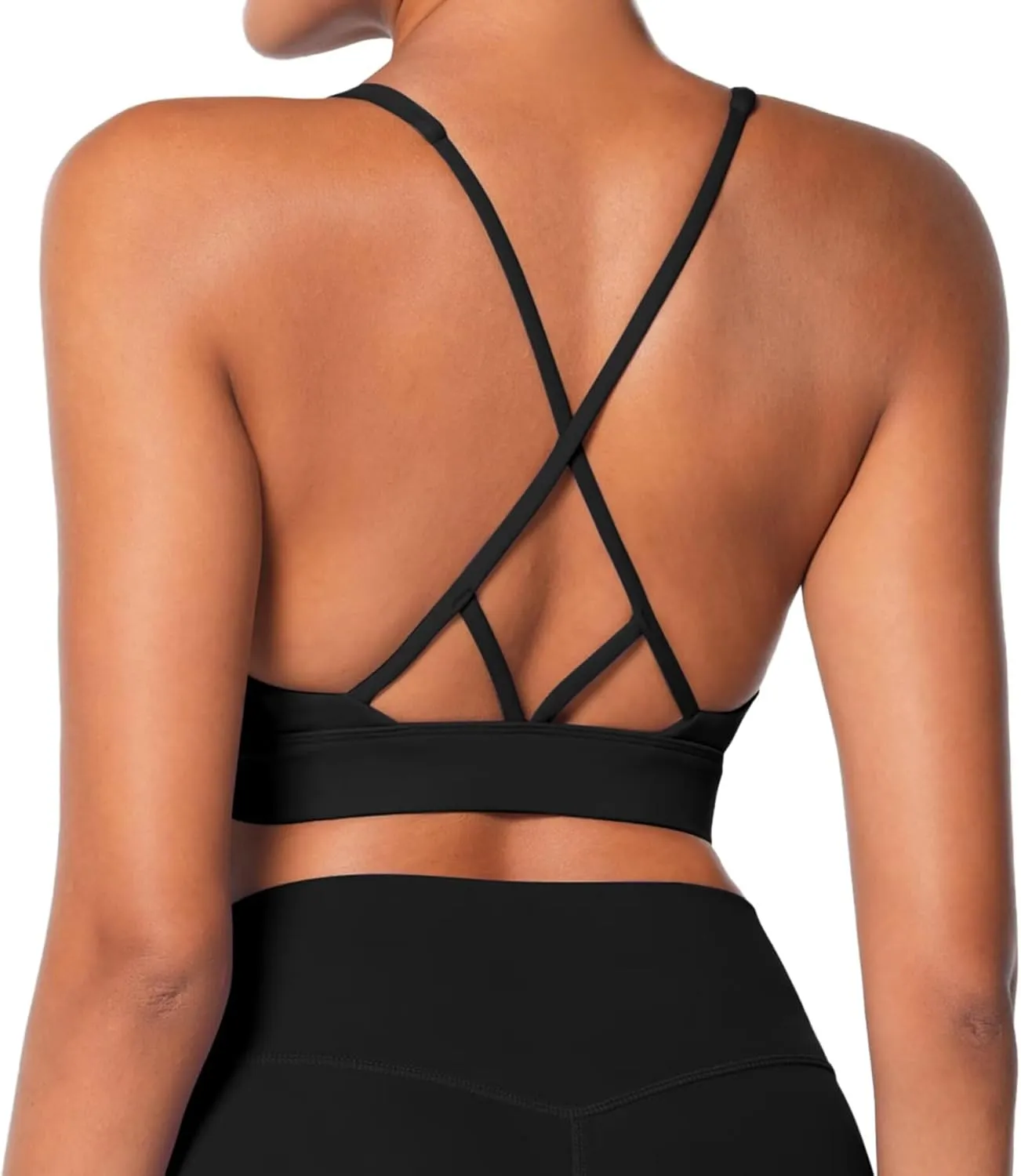 Sunzel V Neck Strappy Sports Bras for Women Criss Cross Back Halter Yoga Bra Removable Cups Padded Workout Running Gym Tops
