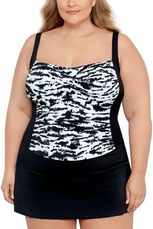 Swim Solutions Women's Plus Size Tummy Control Twist Bra Skater Swimsuit (Black/White, 24W)