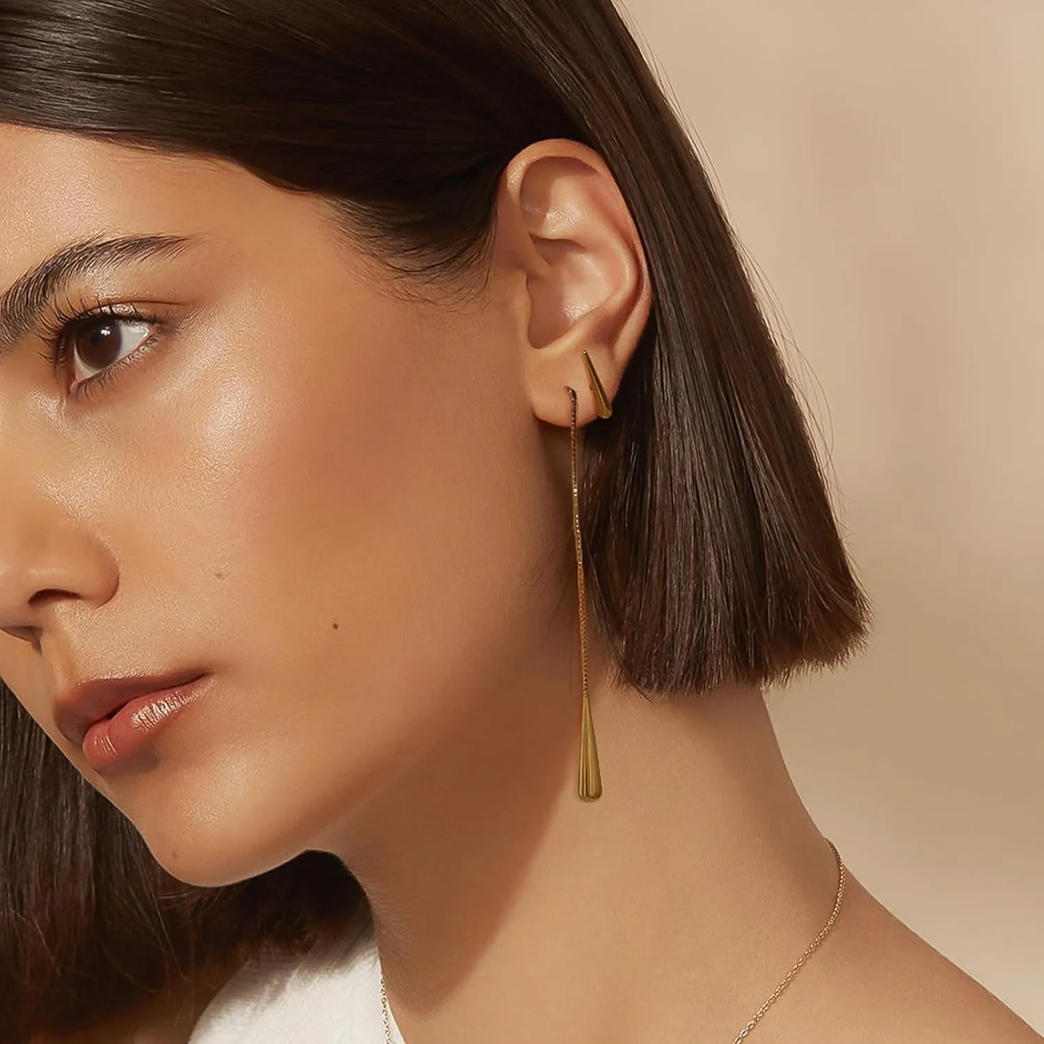 Teardrop Threader Long Dangle Earrings for Women, 18K Gold Plated Stainless Steel Dainty Earrings Chain Stud Tragus Piercing Hypoallergenic Earrings Trendy