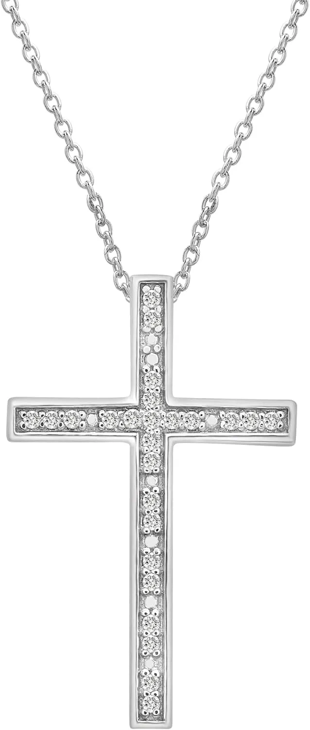 Timeless Love 1/10 CT Silver Diamond Cross Necklace For Women Set In Sterling Silver 18" Cable Spring Ring Closure, Luxury Fashion Silver Cross Necklaces For Women