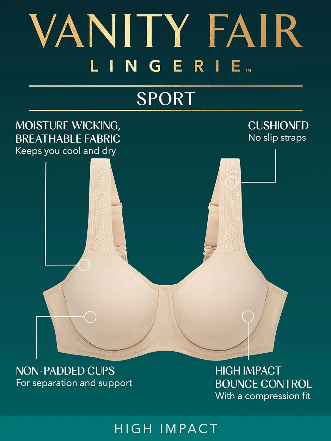 Vanity Fair Womens High Impact Sports Bras for Women, Breathable, Moisture Wicking, Non Padded Cups up to DDD